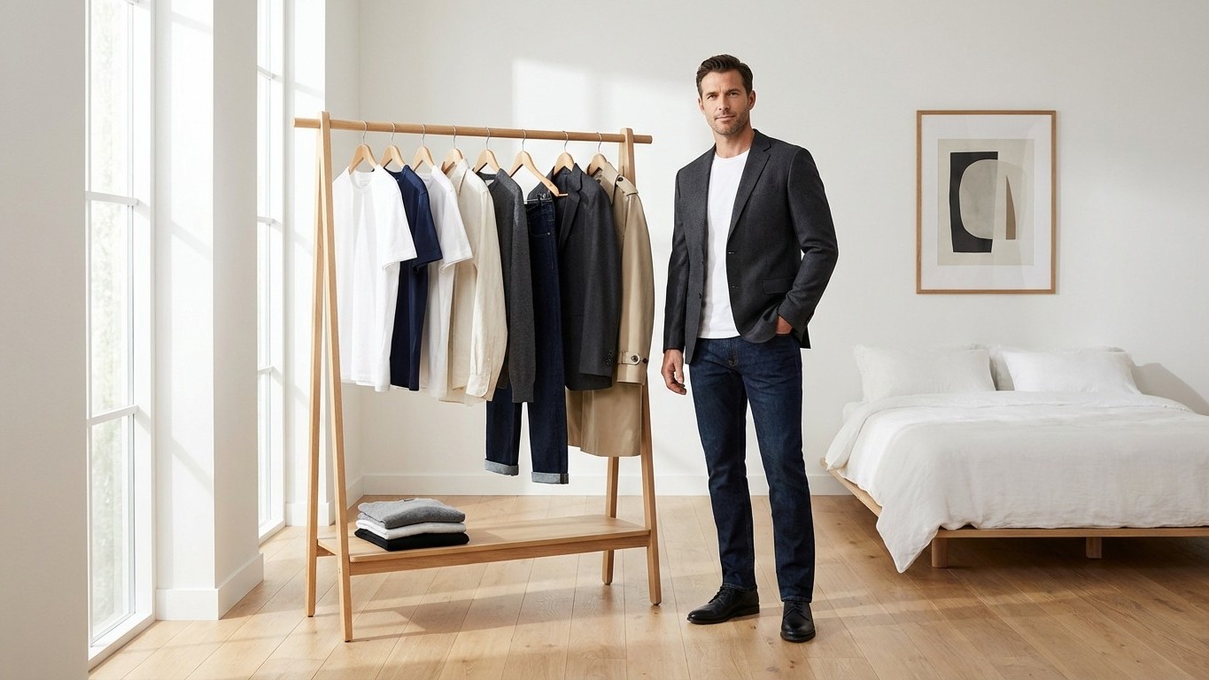 Style minimaliste homme : dressing réduit, coupes nettes, couleurs faciles