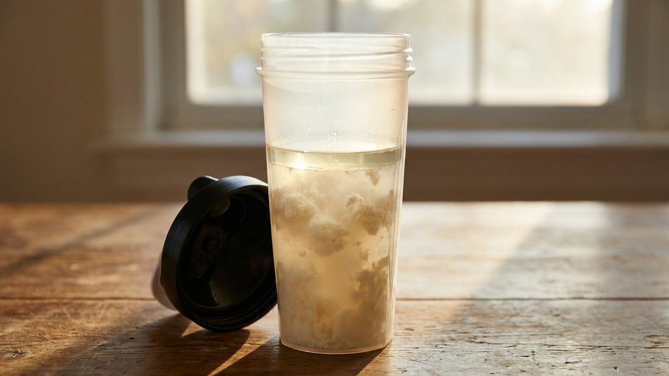 Je préparais mon shaker de whey le matin pour ma séance du soir : quand je l'ai ouvert après une journée dans mon sac à 35...